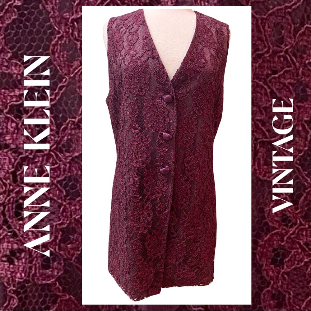 Vintage ANNE KLEIN Burgundy Lace Lined Long Vest Sz 12